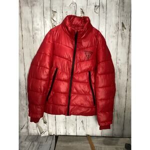 GUESS Men’s Midweight Logo Zip Puffer Jacket-Crimson Red -Size Small